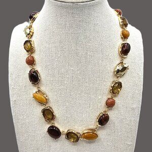 White House Black Market Gold Tone Necklace w Faux Tigers Eye Carnelian Peridot